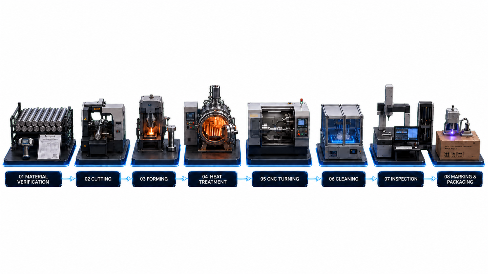 Eight-stage BYBOLT fastener manufacturing sequence from material verification to marking and packaging